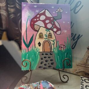 (by me🩷)9"x12" Whimsical Mushroom House Canvas Painting - Pink & Red Accent